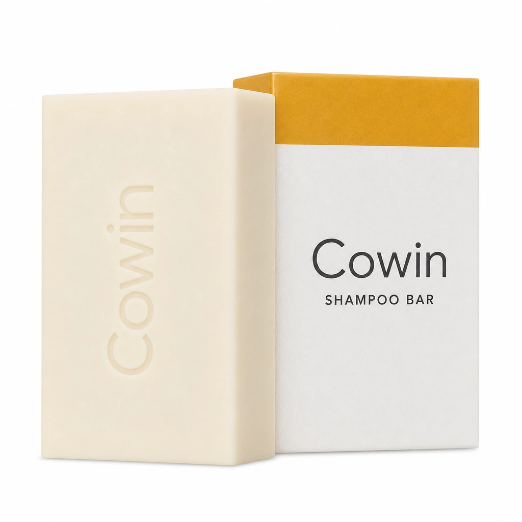 Cowin ivory rectangular shampoo bar beside a white and yellow carton