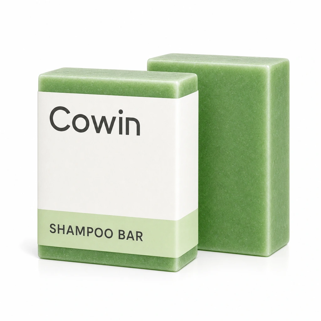 Cowin two green rectangular shampoo bars with a paper sleeve