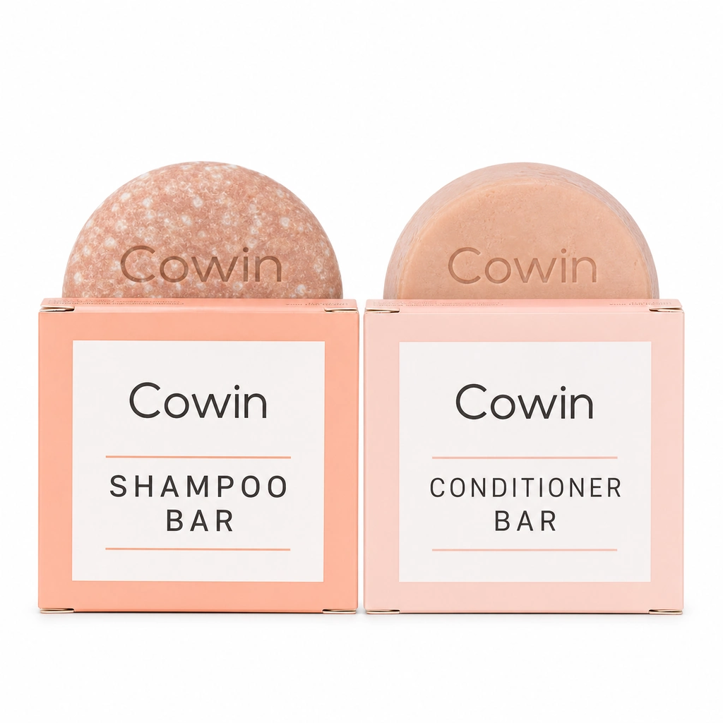 Cowin pink shampoo and conditioner bars with matching cartons