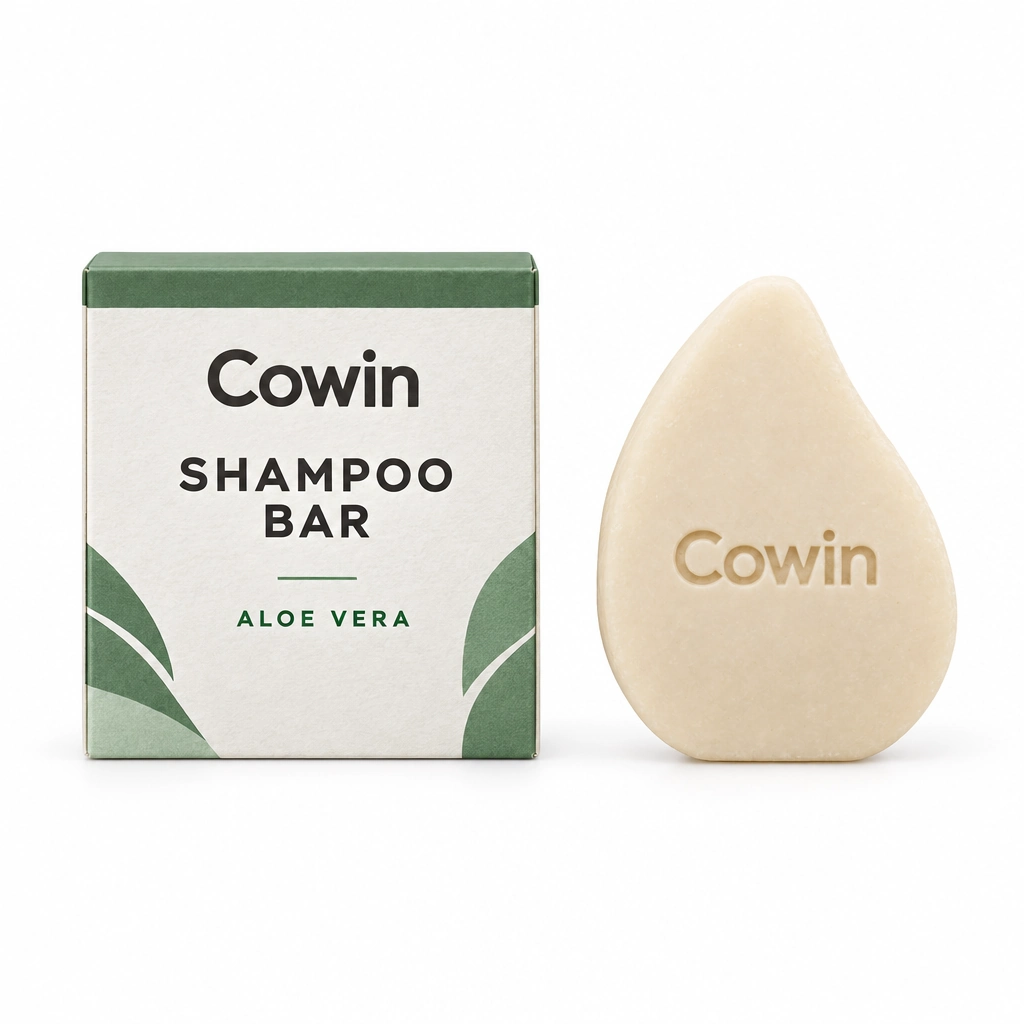 Cowin ivory teardrop shampoo bar beside a green and white carton