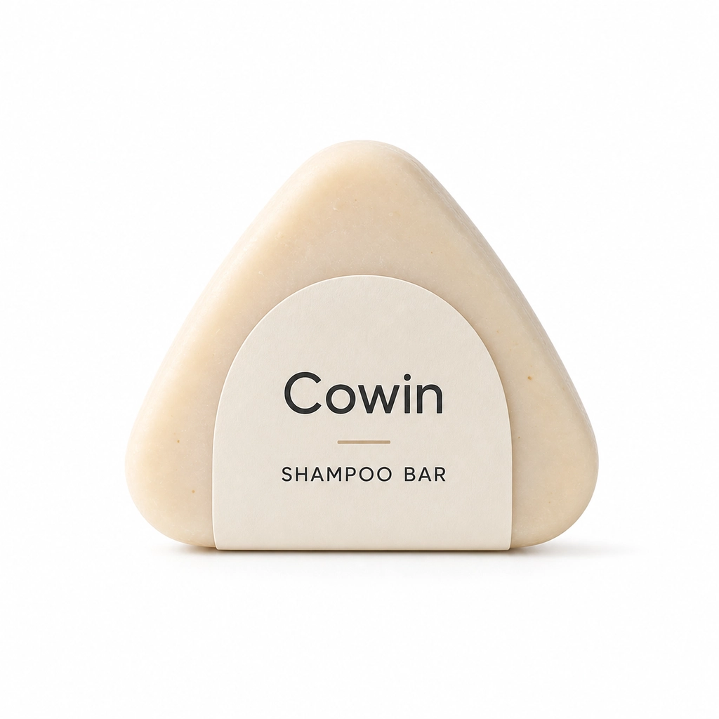 Cowin ivory triangular shampoo bar in triangular packaging