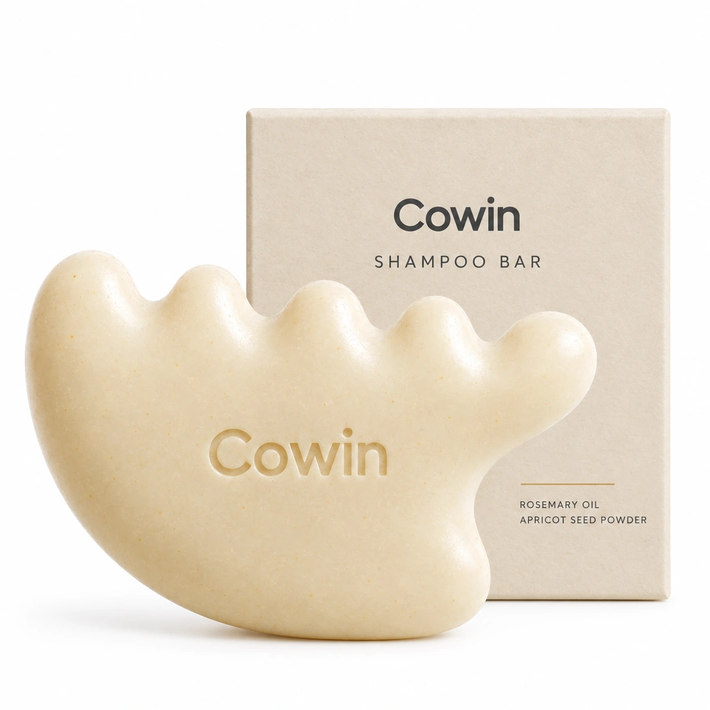 Cowin ivory sculpted shampoo bar with a small cream carton