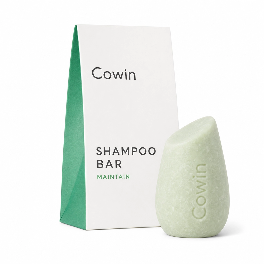Cowin pale green teardrop shampoo bar beside a tall green carton