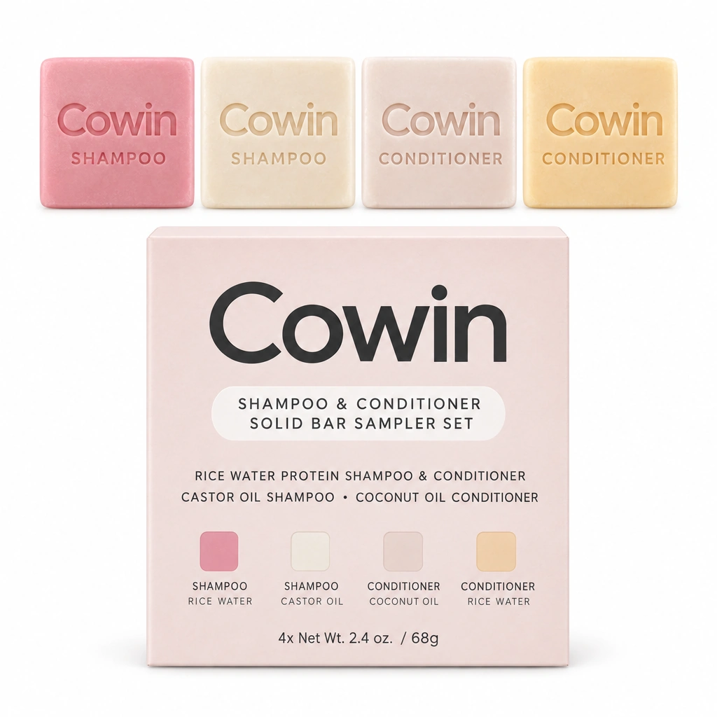 Cowin four pastel haircare bars above a coordinated sampler carton