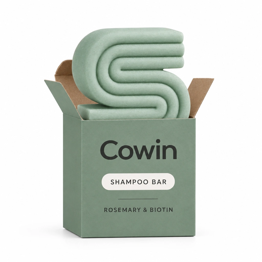 Cowin sage green wave-shaped shampoo bar in an open green carton