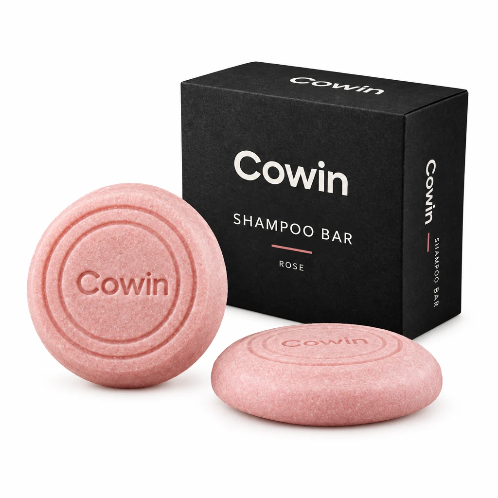 Cowin pink round shampoo bar beside a black carton