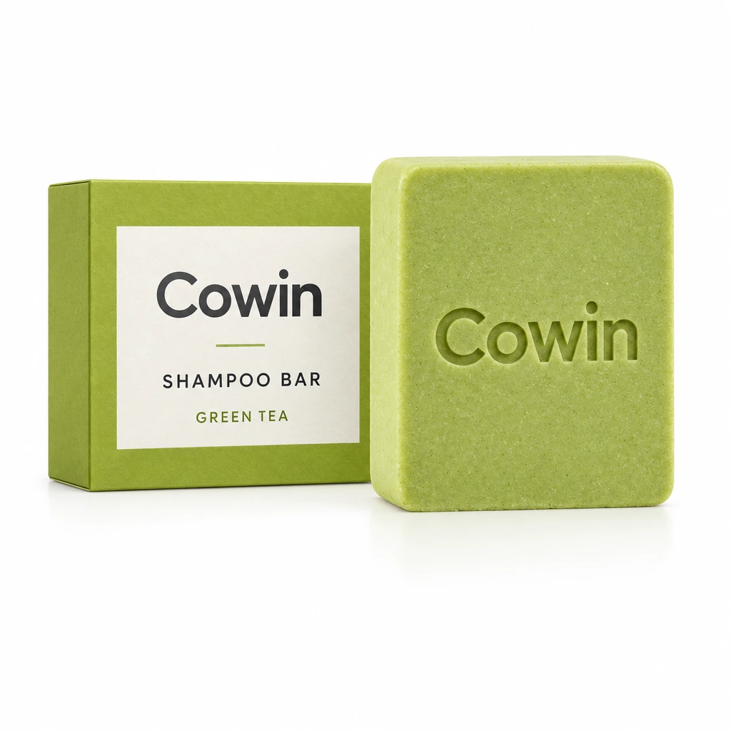 Cowin green square shampoo bar beside a green carton