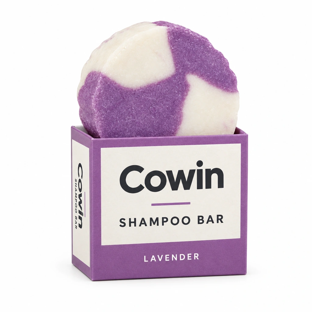 Cowin purple and ivory marbled round shampoo bar with a purple carton