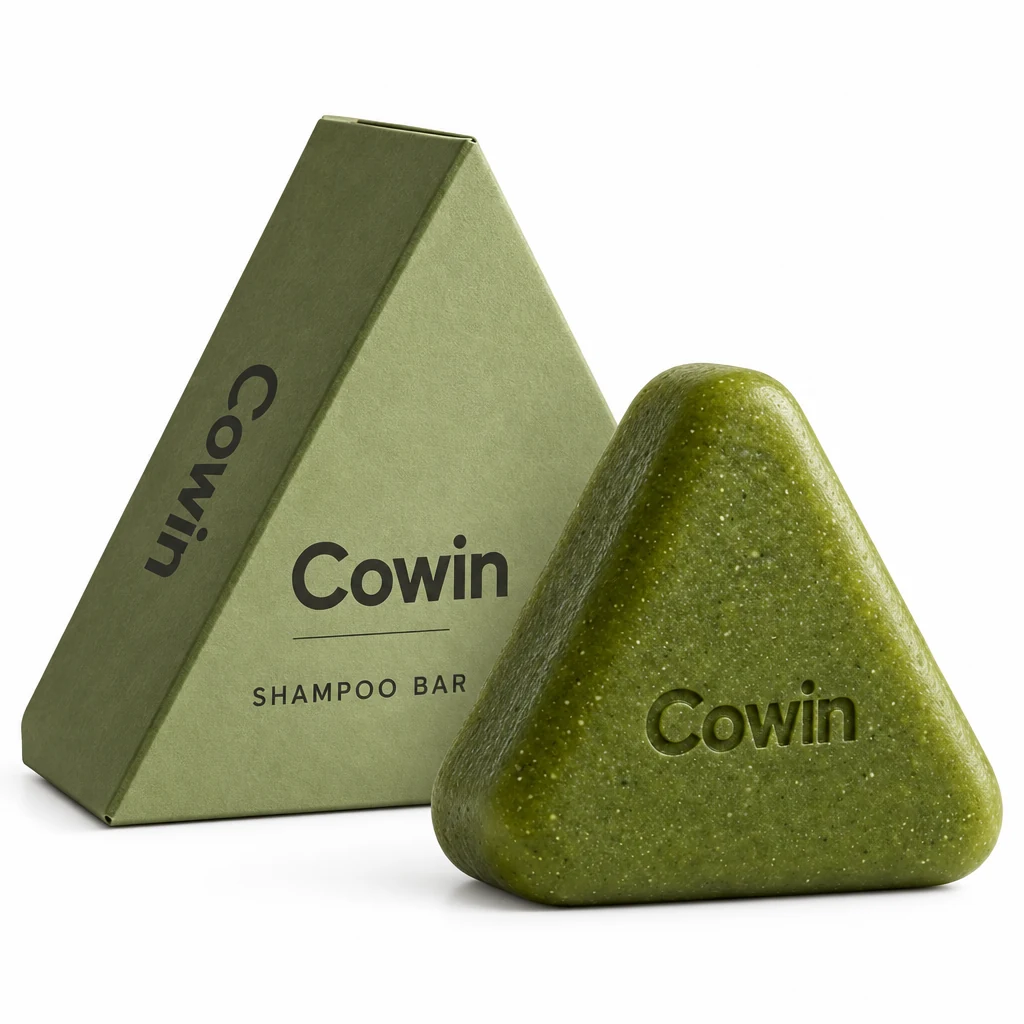 Cowin green triangular shampoo bar beside triangular packaging