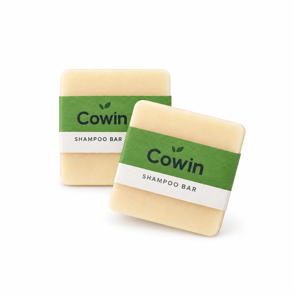 Cowin two ivory shampoo bars in green and white paper sleeves