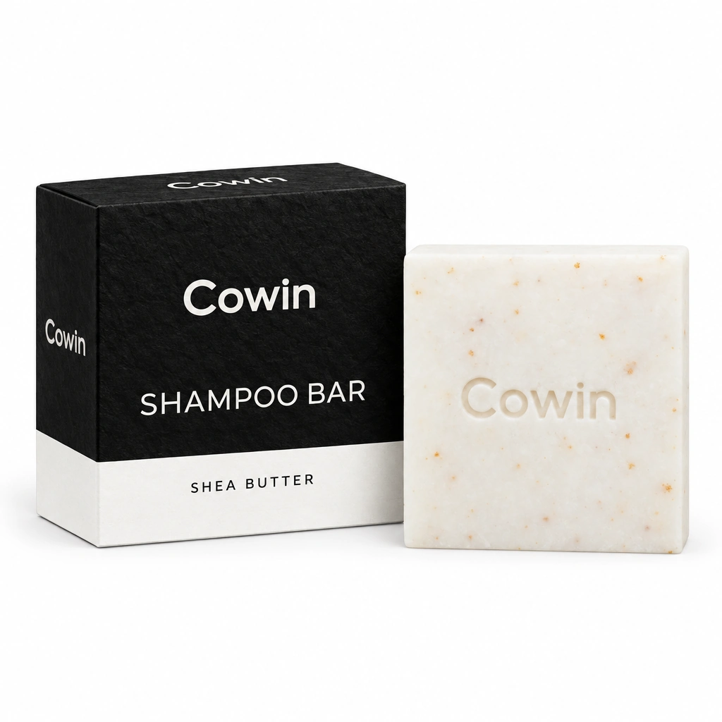 Cowin speckled ivory rectangular shampoo bar beside a black carton