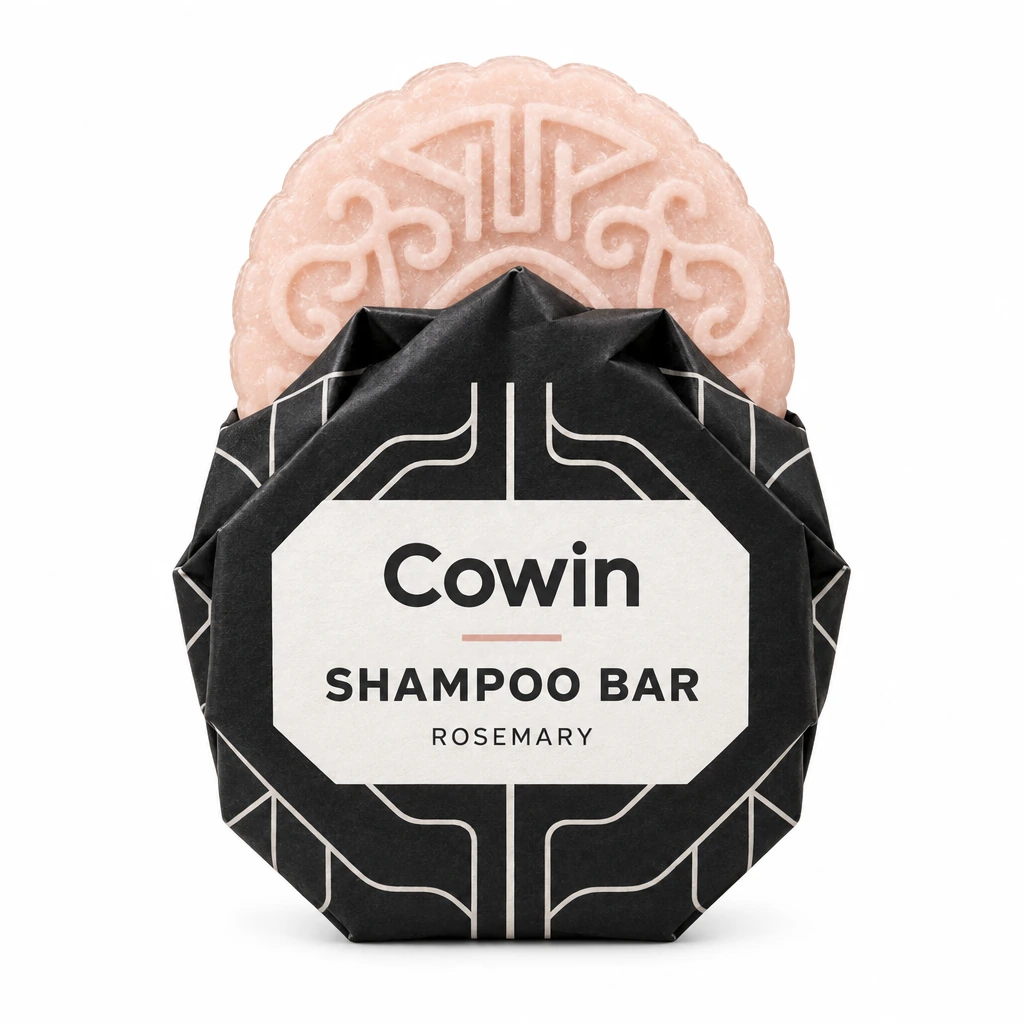 Cowin embossed pink and ivory shampoo bars with a black sleeve