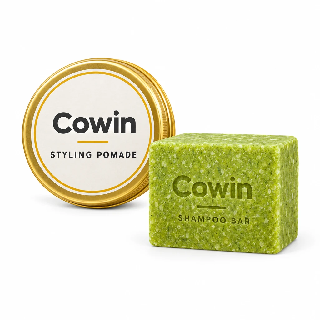 Cowin green textured bar beside a round tin marked styling pomade