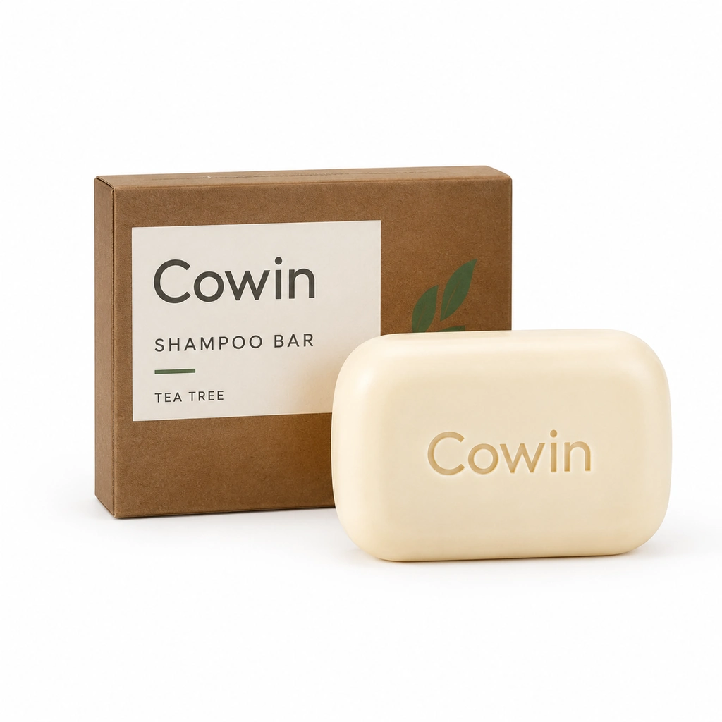 Cowin cream rounded rectangular shampoo bar beside a brown carton