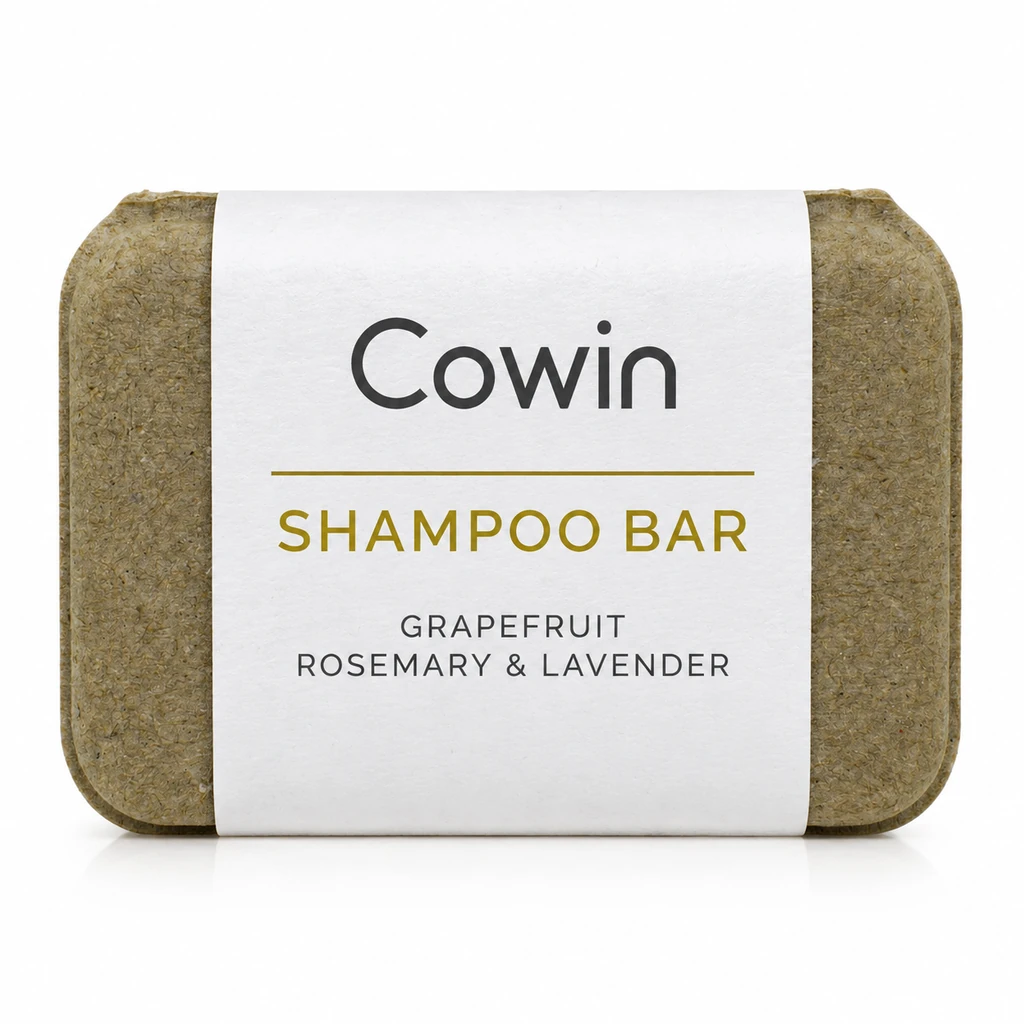 Cowin dark rectangular shampoo bar with a white printed paper sleeve