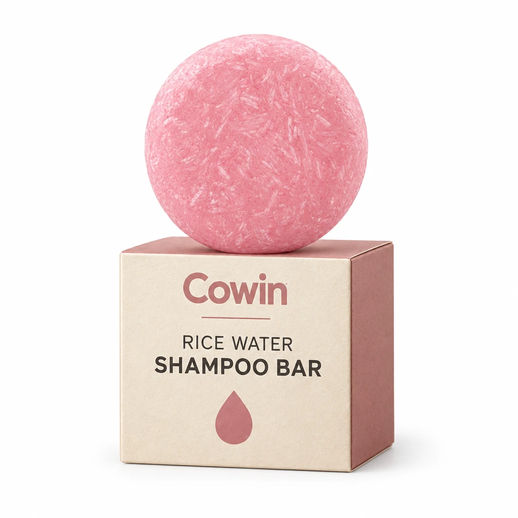 Cowin pink round shampoo bar on a cream carton