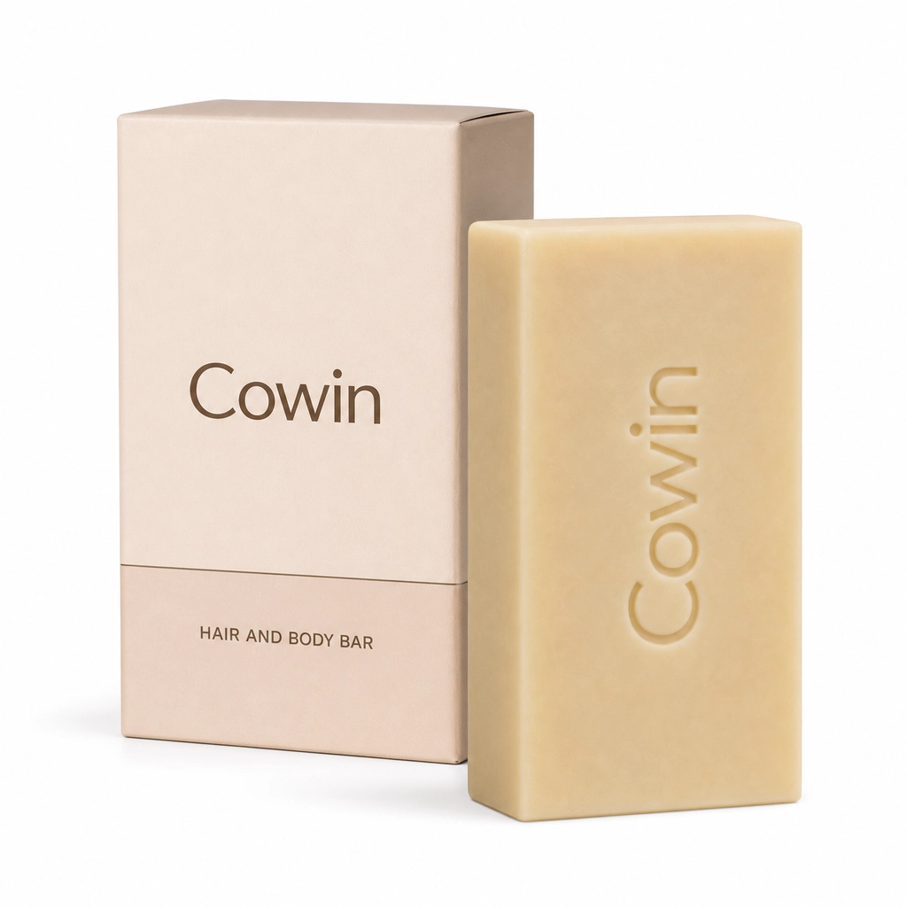 Cowin ivory rectangular hair and body bar beside a tall carton