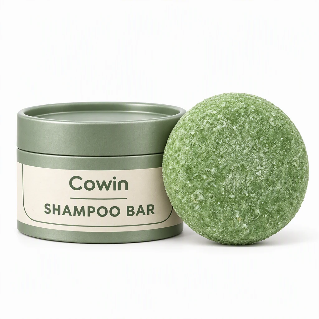 Cowin green round shampoo bar beside a green metal tin