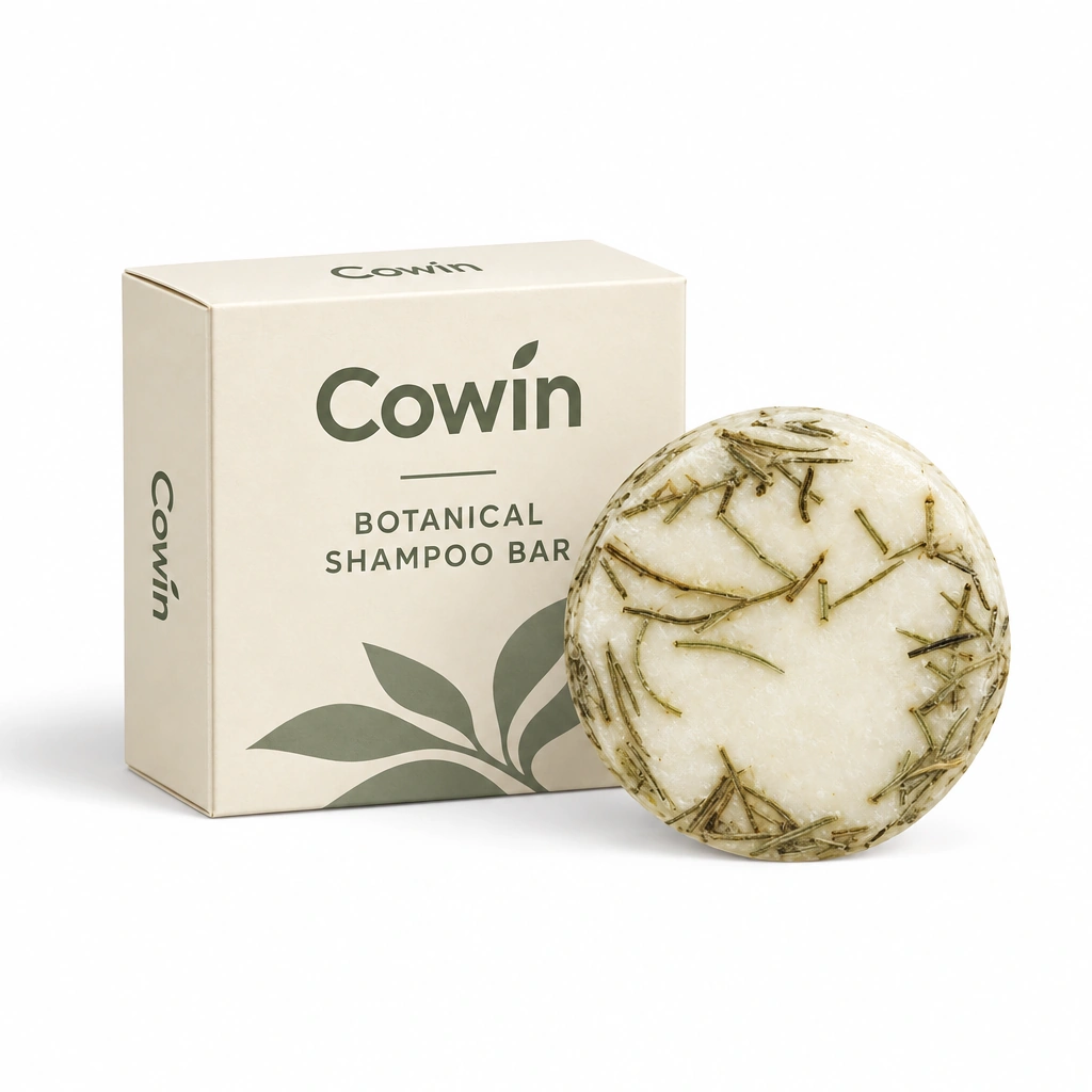 Cowin ivory round shampoo bar with botanical details beside a carton