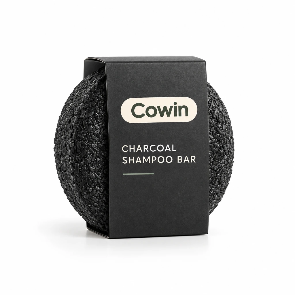 Cowin dark round shampoo bar in front of a black carton