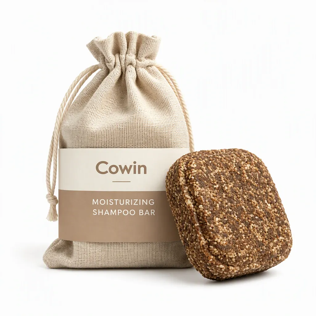 Cowin brown textured shampoo bar beside a drawstring pouch