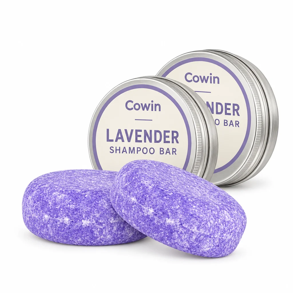 Cowin two purple round shampoo bars with printed metal tins