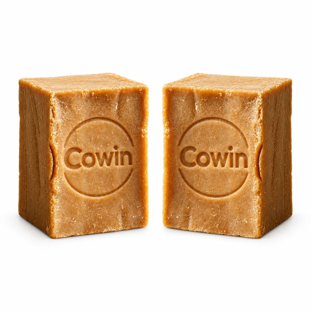 Cowin two golden rectangular soap bars with an embossed center