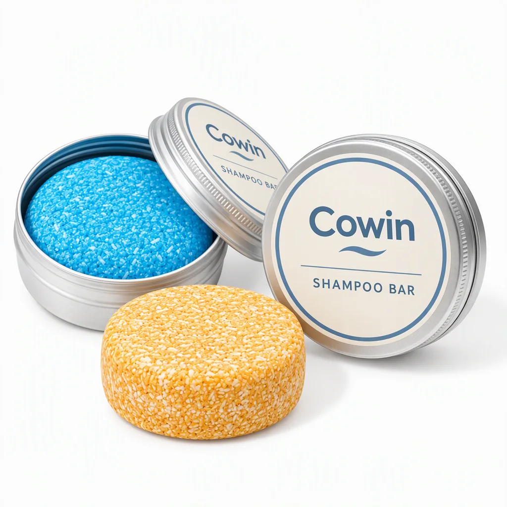 Cowin blue and yellow round shampoo bars in open metal tins