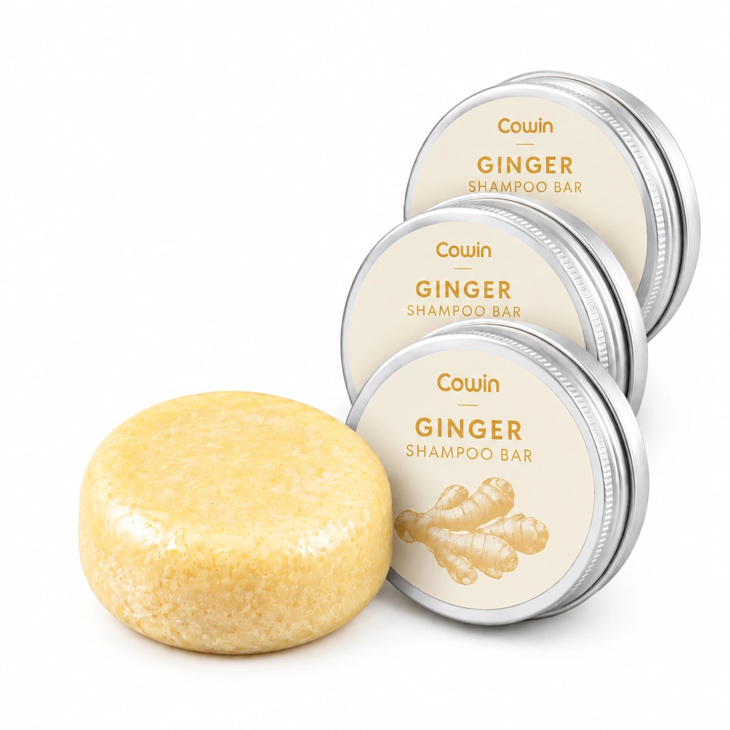 Cowin three golden round shampoo bars with metal tins