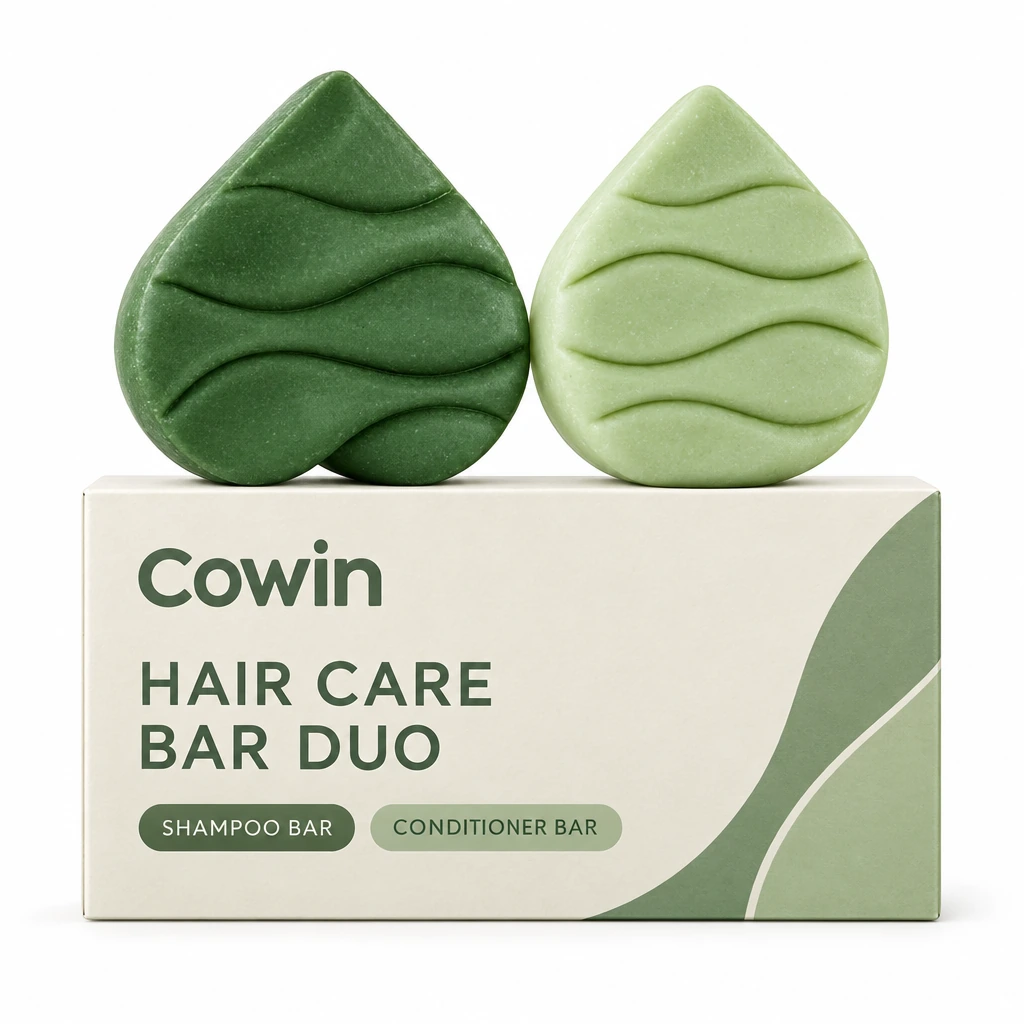 Cowin dark and light green leaf-shaped bars above a shared haircare carton