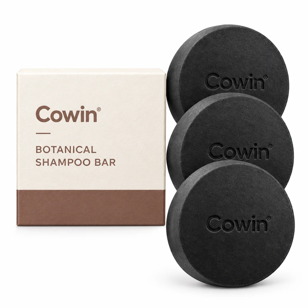 Cowin three dark round shampoo bars beside a white and brown carton