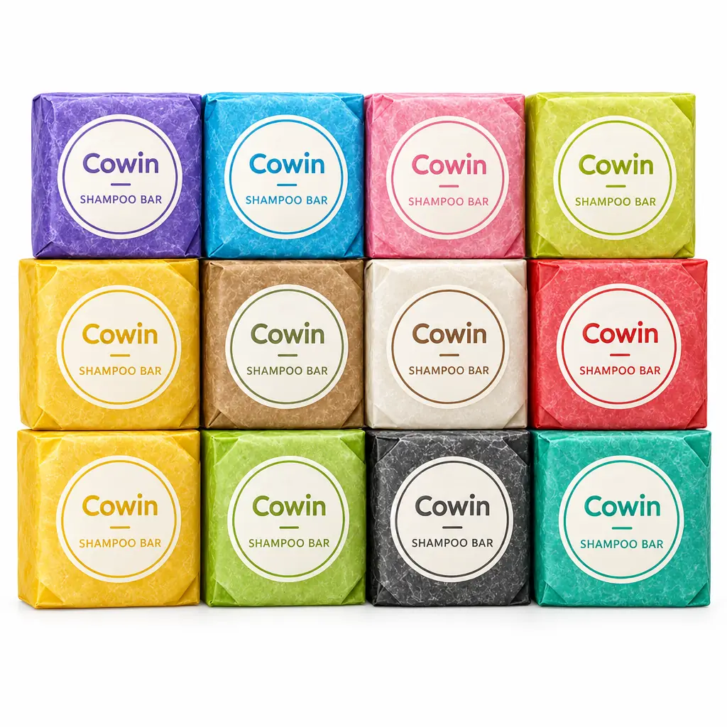 Cowin twelve colorful round shampoo bars in coordinated cartons