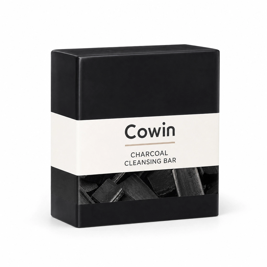 Cowin dark cleansing bar with black and white packaging