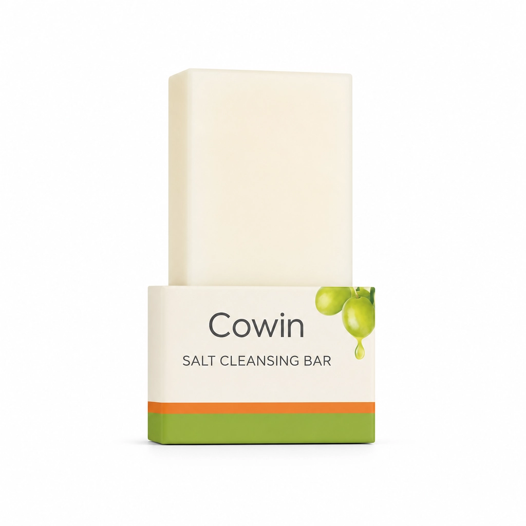 Cowin tall ivory cleansing bar with a cream and green paper sleeve