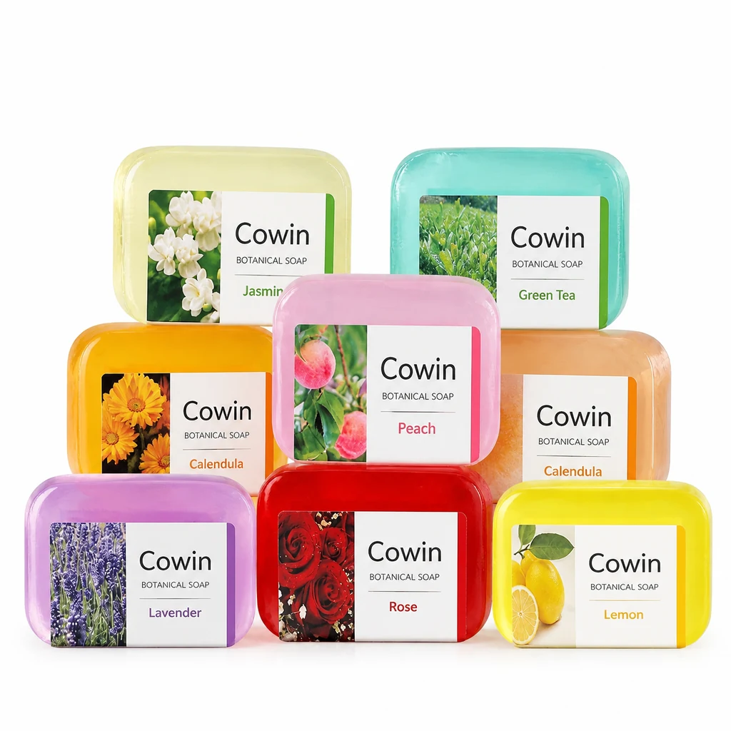 Cowin colorful rectangular cleansing bars in printed paper sleeves