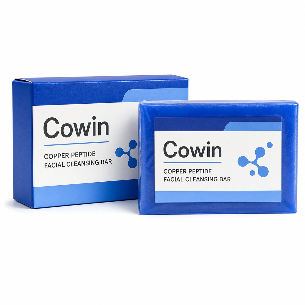 Cowin blue facial cleansing bars with coordinated blue cartons