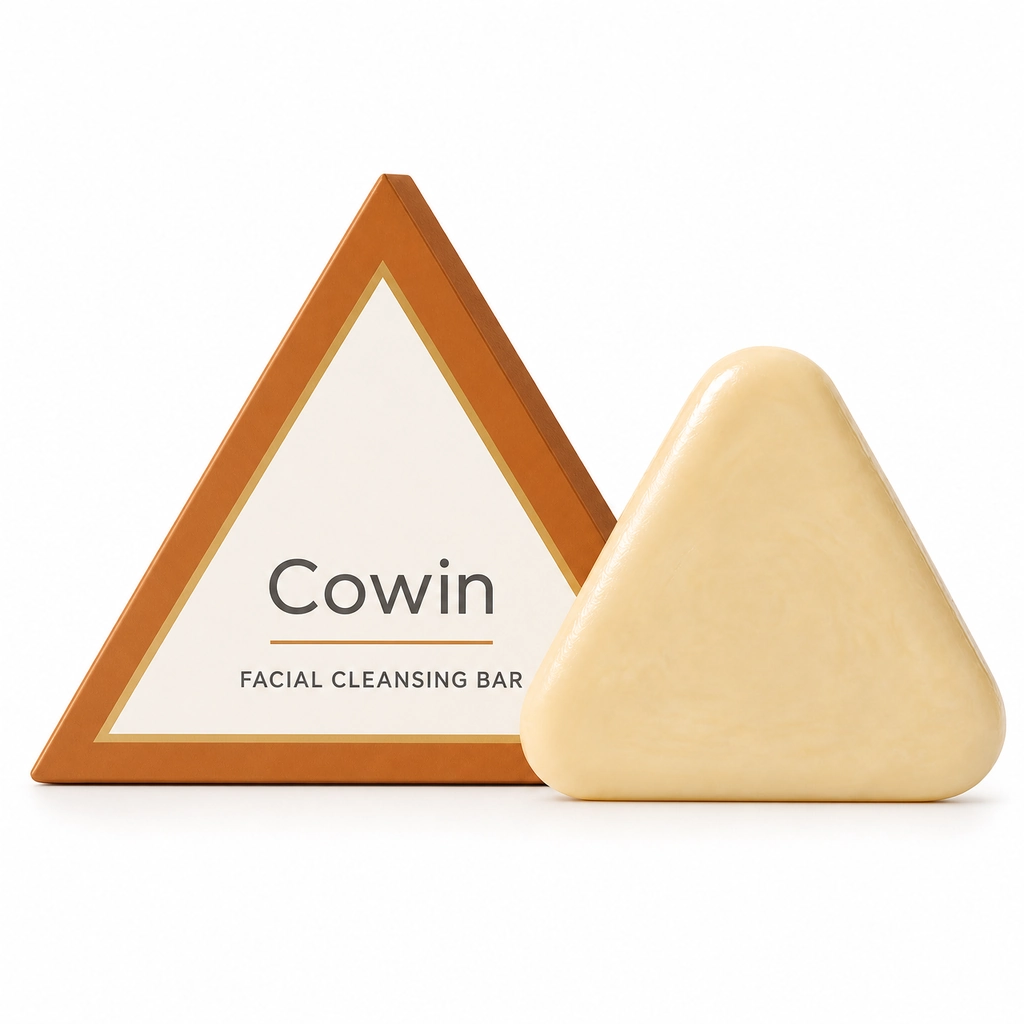 Cowin ivory triangular cleansing bar beside triangular packaging
