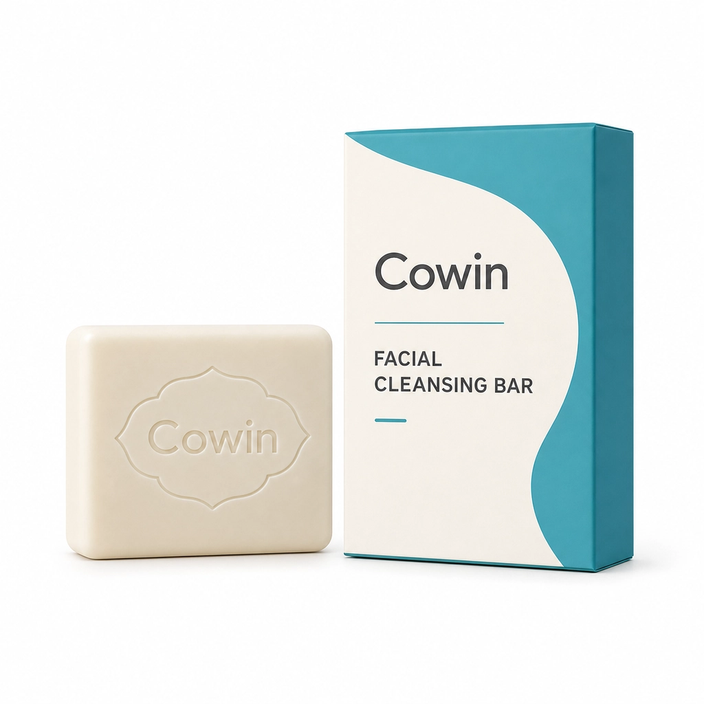 Cowin ivory square cleansing bar beside a white and teal carton