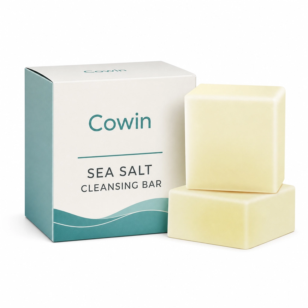 Cowin two ivory rectangular cleansing bars beside a teal carton