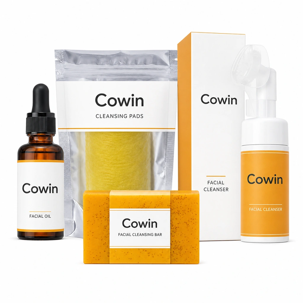 Cowin golden cleansing bar with facial oil, foaming cleanser and a cleansing pad pouch
