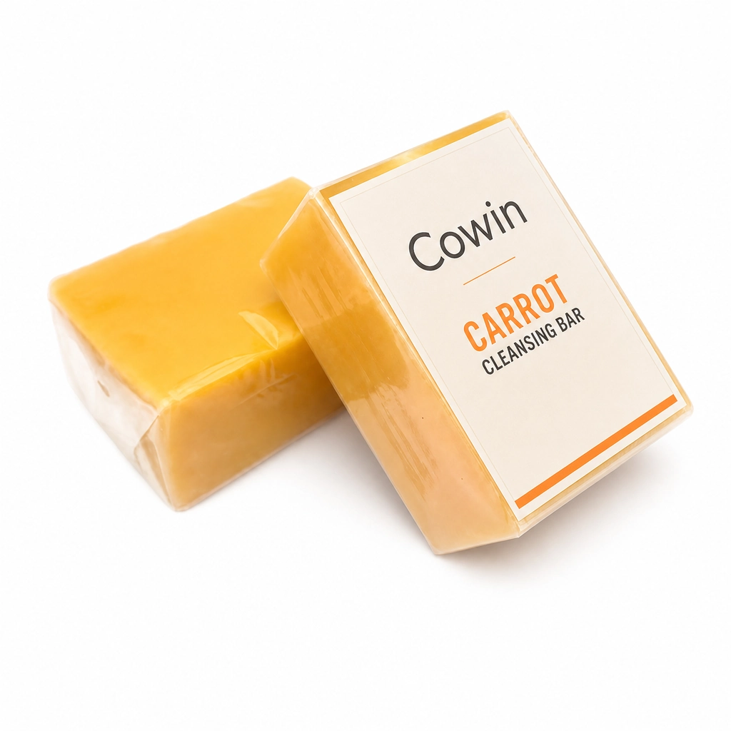 Cowin two golden cleansing bars with orange and white paper sleeves