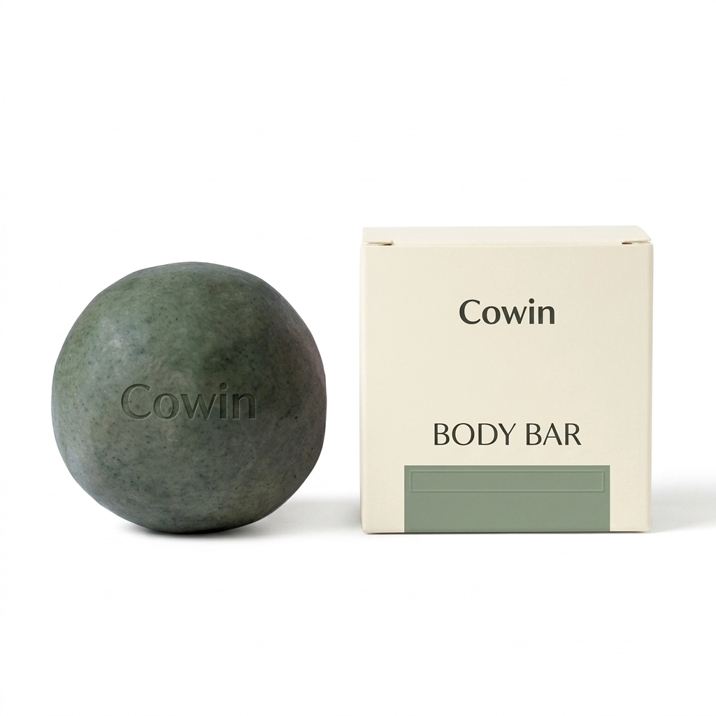 Cowin dark green round body bar beside an ivory carton