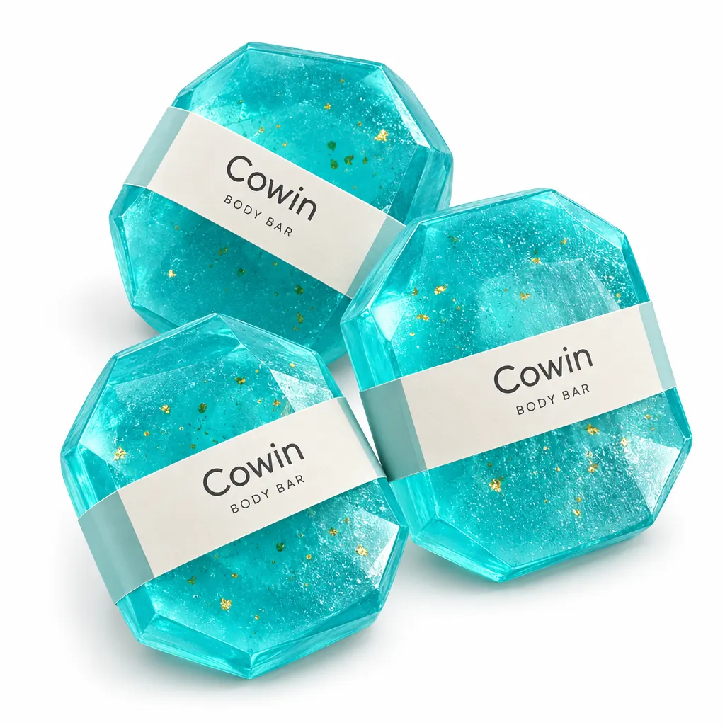 Cowin two aqua faceted soap bars in white sleeves