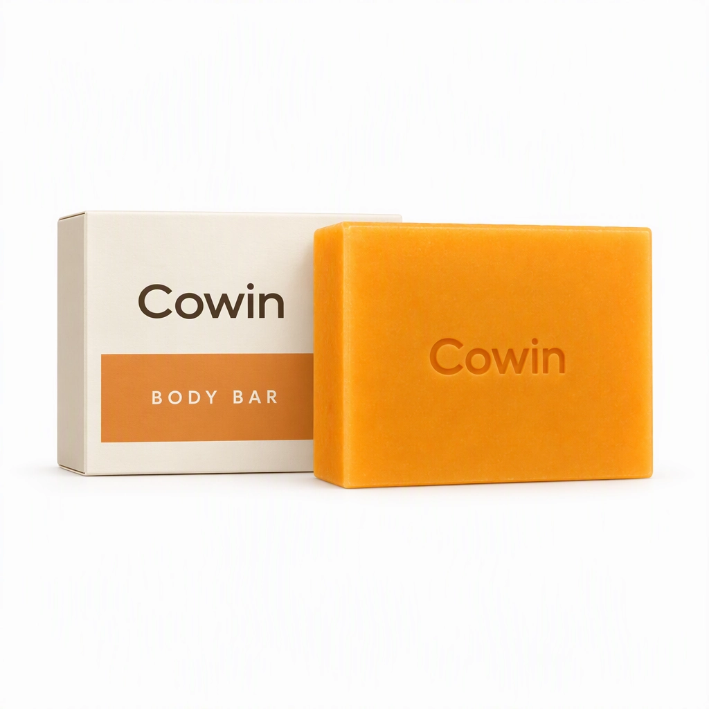 Cowin orange rectangular body bar beside an ivory carton