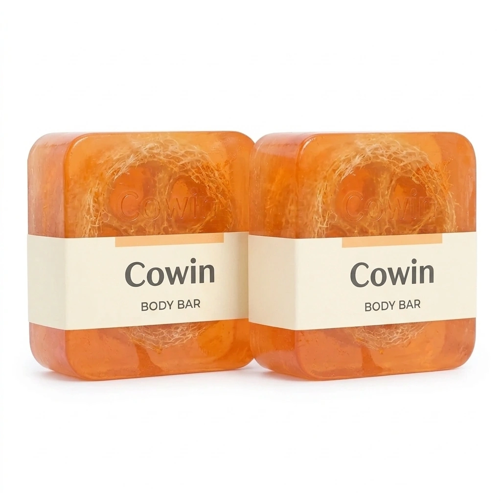 Cowin two orange marbled soap bars in white sleeves
