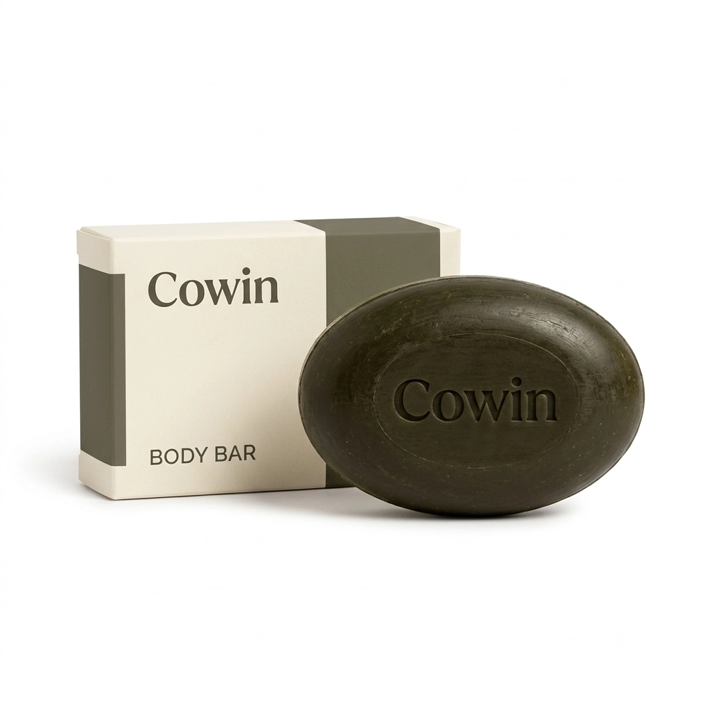 Cowin dark oval body bar beside an ivory carton