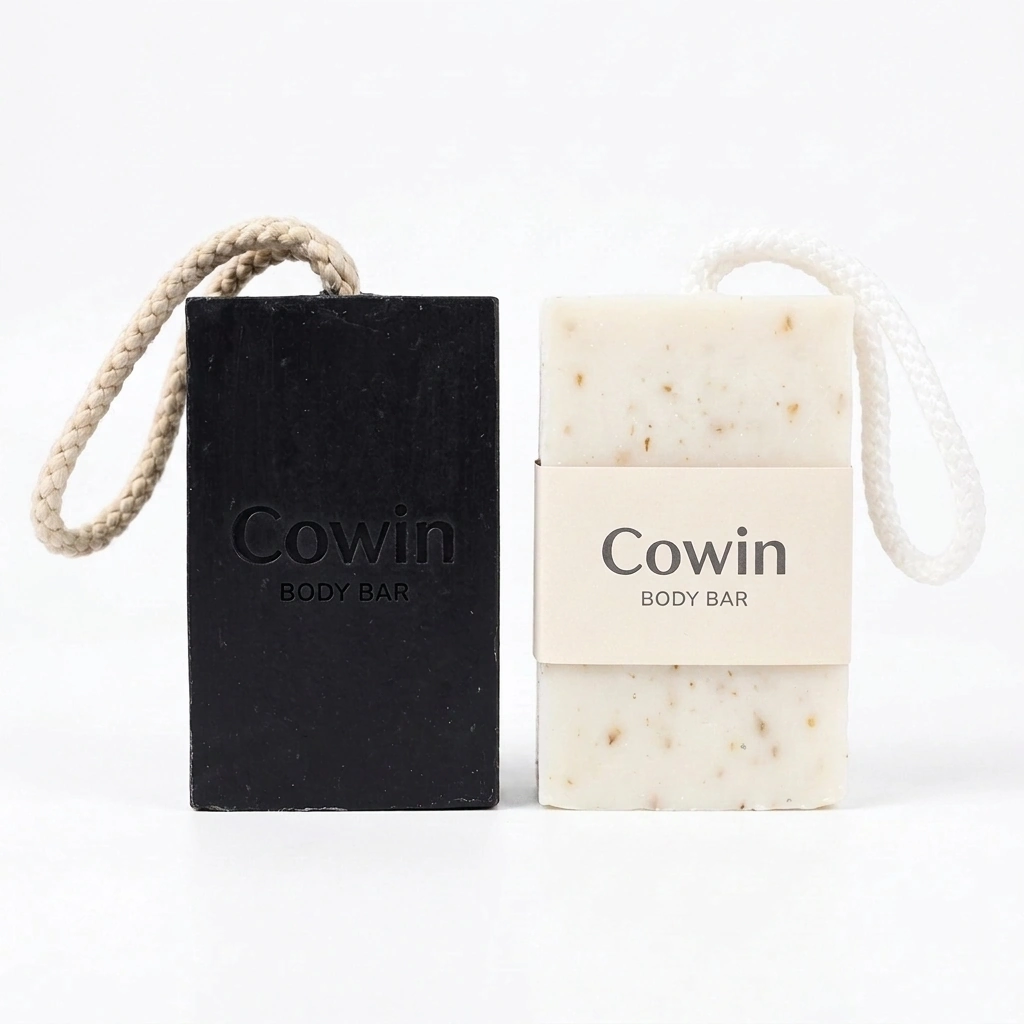 Cowin black and ivory rectangular soap bars with hanging ropes