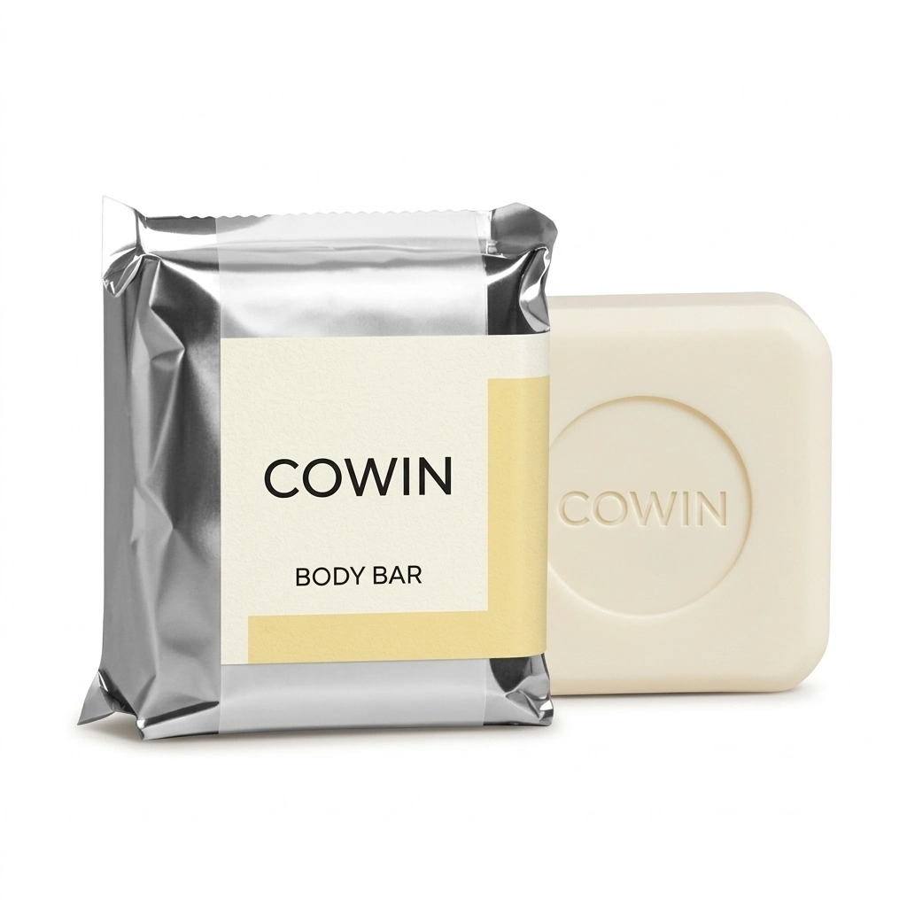 Cowin cream round body bar beside a foil pouch