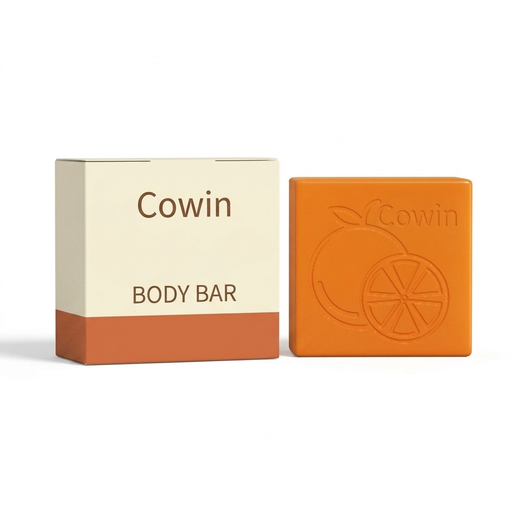 Cowin orange square body bar beside an ivory carton