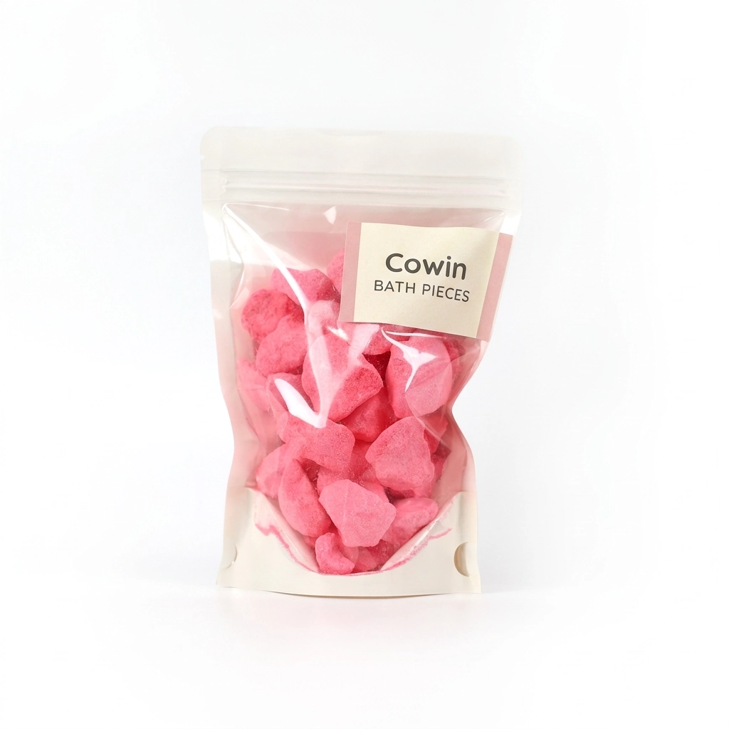 Cowin pink bath pieces inside and beside a clear jar